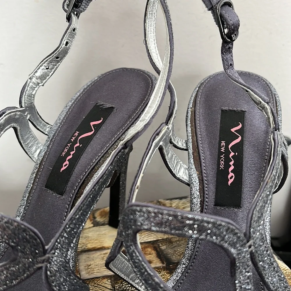 NINA Pewter Glitter Strappy Sling Back Dress Sandals - Size 7 - Picture 12 of 13